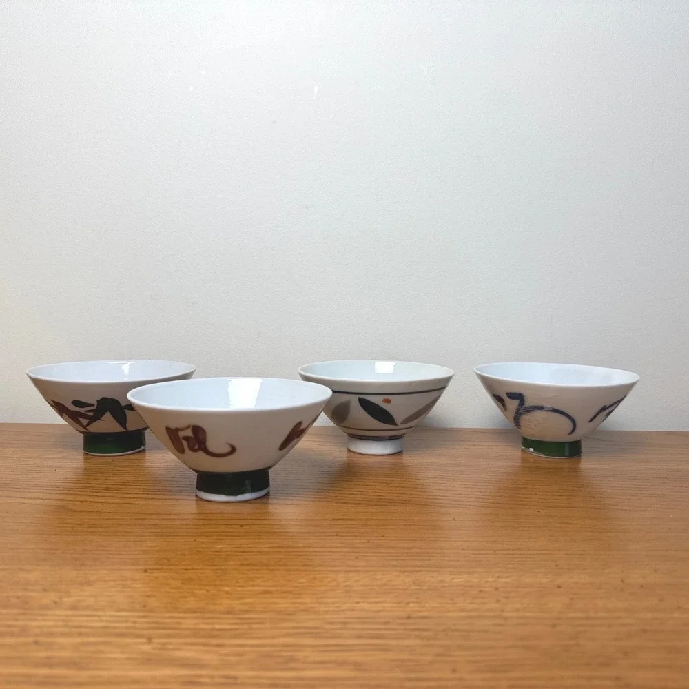 Japanese Style Ceramic Rice Bowl Set with Various abstract Bamboo Design Accents